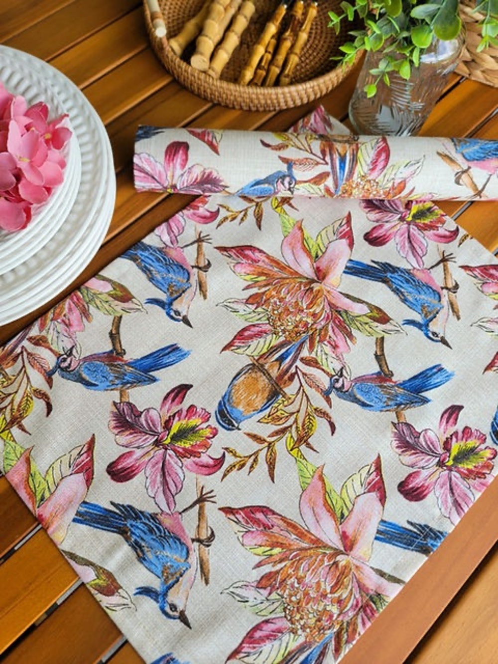 Set of 6 Bluebird & Floral Placemat in Pink and Blue